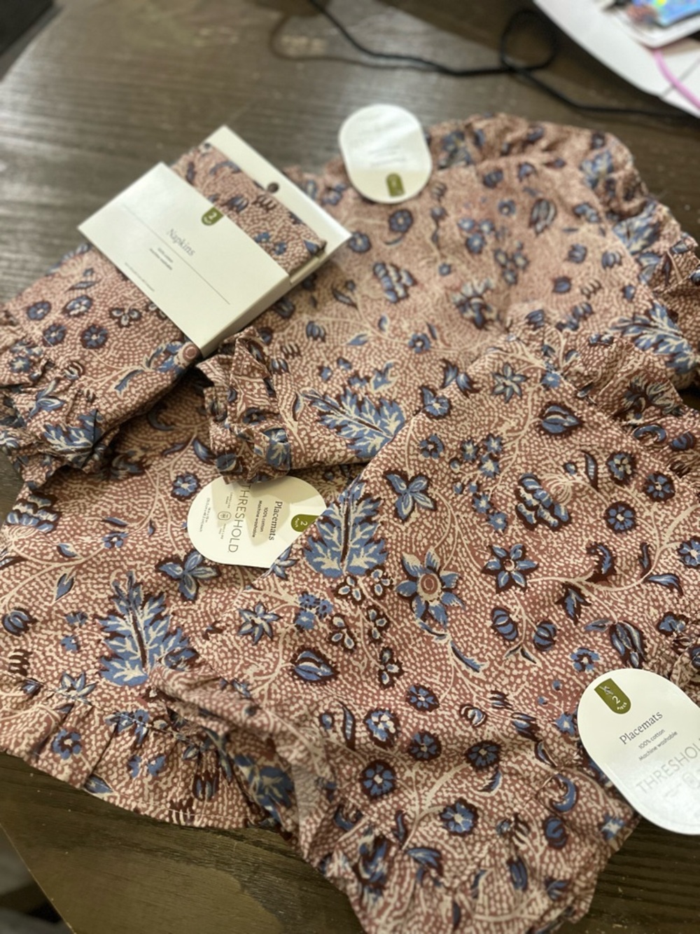 Threshold blue and brown floral placemat and napkin set bundle (new with tags)